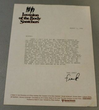 Rare Invasion Of The Body Snatchers 1978 Movie Promo Letterhead Signed Horror