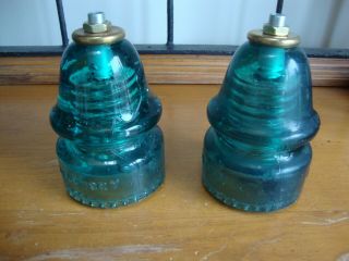 2 Antique Hemingray Green Glass Insulators - Pre - Drilled,  Diy,  Lamp,  Steampunk