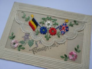 Antique Wwi Trench Art Embroidery Postcard - Uk And Belgium Flags