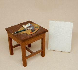 Vintage Artist Painters Table W Palette Canvas Artisan Dollhouse Miniature 1:12