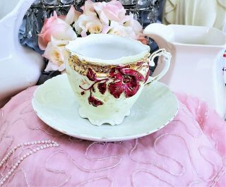 Antique Luster Green Pink Roses Gold Gilt Mustache Cup & Saucer Beaded Scrolls