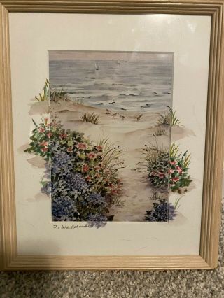 Vintage Joy Waldman Watercolor Painting,  Framed,  Beach