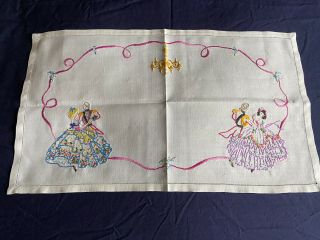 Vintage Crinoline Lady Hand Embroidered Cream Irish Linen Tray Cloth