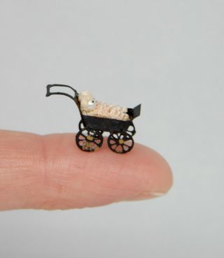 Vintage Teeny Tiny Baby Doll In Carriage Nursery Toy Dollhouse Miniature