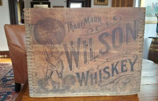 Rare Wilson Whiskey Early 20th C Wood Crate Box With Atlas