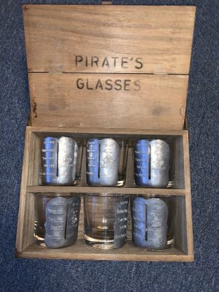 Extremely Rare 6 Labeled Pirate Shot Glasses In Wooden Box 1905
