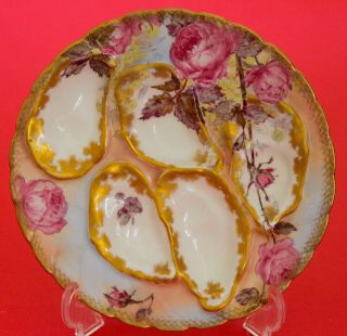 Antique Haviland Limoges Oyster Plate Pink Cabbage Roses Gold,  Rare Circa 1889