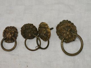 2 RECLAIMED VICTORIAN BRASS LION HEAD FACE DRAWER PULL HANDLES,  2 OTHERS 2