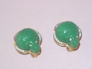 Hattie Carnegie Rare Vintage Molded Green Glass Lion Heads Clip Earrings