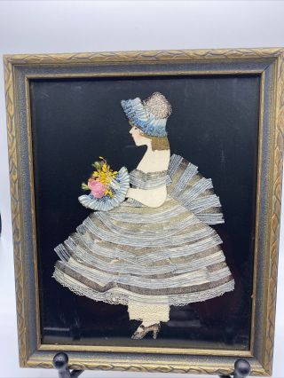 Vintage Paper Doll Framed Silver Ribbon Lace Dress Victorian Lady Floral Bouquet