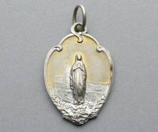 French,  Antique Religious Pendant.  Saint Virgin Mary.  Lourdes.  Art Nouveau Medal