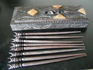 Antique Vintage Burmese Asian Carved Wooden Box With 8 Carved Chopsticks