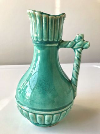 Vintage Nelson Mccoy Aqua Blue Green Artistic Pottery Pitcher Rope Handle Rare