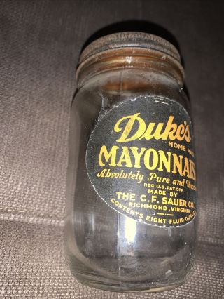 Vintage Duke’s Mayonnaise 8 Ounce Jar With Lid & Label Rare Htf Richmond Va