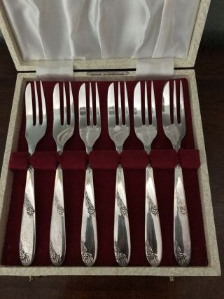Vintage Boxed Set Of Silver Plated Pastry Forks By Angora Silver Plate Co.