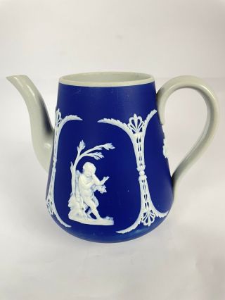 Rare Antique Wedgwood Style Dark Cobalt Blue Jasperware Pottery Coffee Pot 5.  25”
