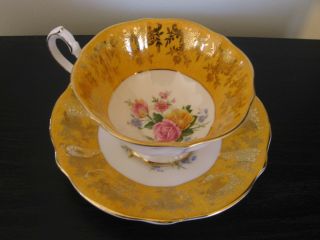 Queen Anne Yellow Rose Bottom Wide Mouth Tea Cup And Saucer