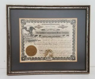Antique 1909 Goodwin Consolidated Mines Company Framed Stock Certificate 15x12
