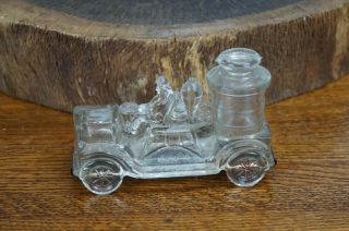 Antique Glass Fire Truck Candy Container W/ Metal Bottom Lid 4 1/2 " Long