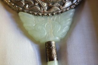 Antique Chinese Silver Gilt Hand Mirror w Jade Handle,  Dragon Motif w/SIGNED BOX 3