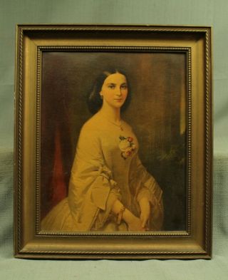 Vintage Print Of Old Oil Painting Portrait Young Woman.  Gold Wood Picture Frame