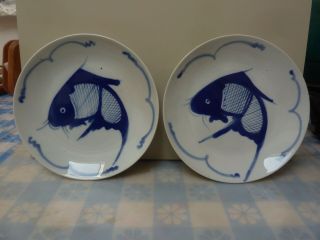 Set Of 2 Vintage Chinese 7 " Blue And White Porcelain Koi Fish Salad Plate