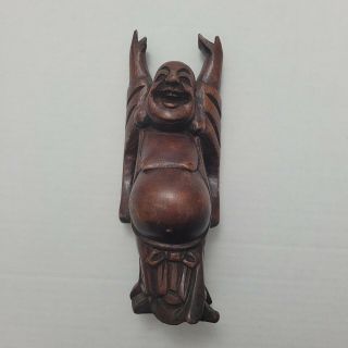 Vintage Happy Buddha Wood Carved Statue 9 " Tall Laughing Hands Up