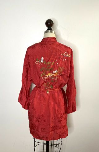 70s Vtg Chinese Asian Robe Kimono Embroidered Gold Dragon Red M 2