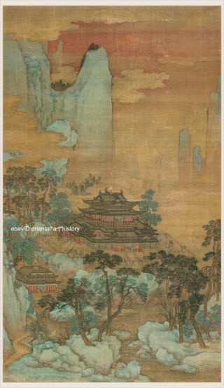Chinese Scroll Painting Mountain Landscape Dwellings In Mountain Of Immortals