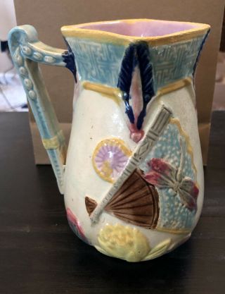 Rare Antique Majolica 6.  5” Pitcher Dragonfly Fan Water Lilly Flowers