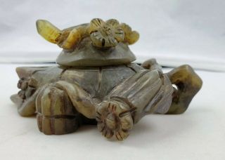 Vintage Ornate Carved Jade Green Stone Turtle Incense Burner Box With Floral Lid