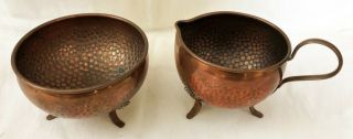 Rare Vintage Mission - Arts & Crafts Hammered Copper Sugar And Creamer Set