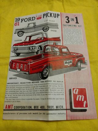 Vintage Model Kit Instructions 1961 Ford F - 100 Pickup Amt 3 In 1