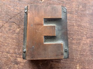 Antique Copper Printers Block Mounted On Wood Letter - E