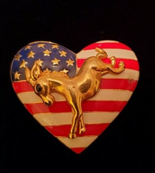 Rare 2004fl Enamel Heart American Flag Brooch / Pin W/ Democratic Donkey