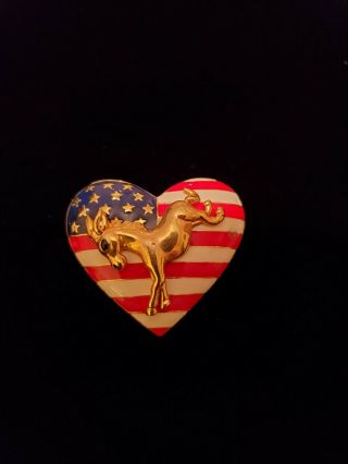 RARE 2004FL Enamel Heart American Flag Brooch / Pin w/ Democratic Donkey 3