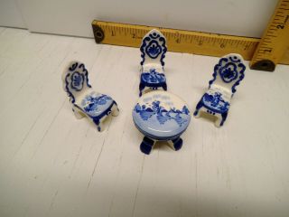 Antique Delft Ceramic Doll House Miniature Kitchen Delft Table And 3 Chairs