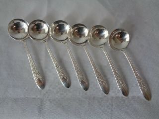 6 Vintage National Silver Co Rose & Leaf Silverplate Bouillon Soup Spoons
