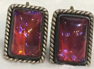 Antique Dragons Breath Glass Sterling Rectangular Cabochon Glass Earrings