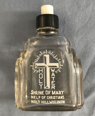 Rare Vtg.  Religious Glass Holy Water Bottle Embossed Cross Shrine Of Mary