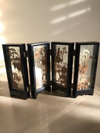 Vintage Chinese Carved Cork Lacquered Wood Glass 4 Panel Table Folding Screen