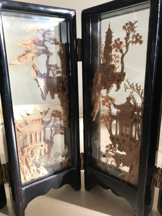 VIntage Chinese Carved Cork Lacquered Wood Glass 4 Panel Table Folding Screen 3