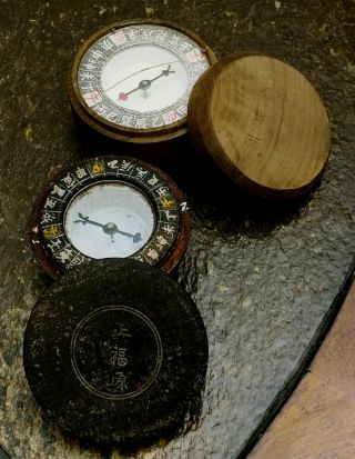 2 Antique Compasses Rare,  Made Of Hand Turned Wood & Glass,  Both Are Signed