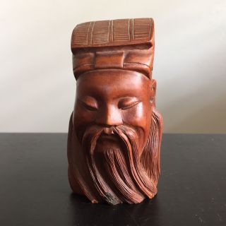 Fine Antique Chinese Carved Wood Immortal God Man Figure Bust Head Statue Signed