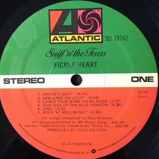 1978 SNIFF ‘n’ The TEARS “FICKLE HEART” Record Lyric Sleeve Atlantic RARE NM 2