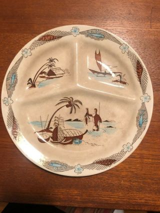 Rare Vintage Hawaiian Surfer Fisherman Outrigger Plate Circa 40s - 50s Hawaii Dish