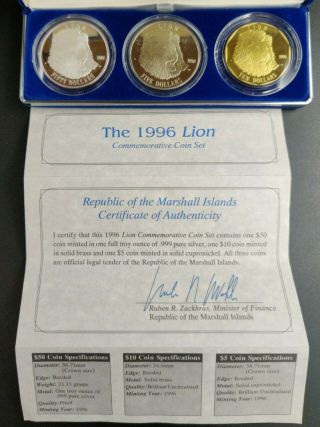 Very Rare Marshall Islands 1996 Lion 3 Coin Set With Bonus $10 Lion Coin.