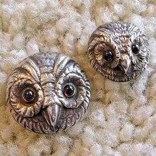 Ex Rare Antique Sterling Silver Owl L Buttons With Jeweled Eyes