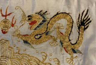 Vintage Chinese Silk Hand Embroidered Tapestry Art Panel 13 X 25 " Gold Dragons