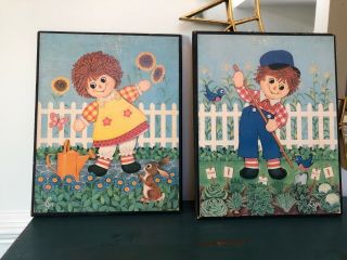 2 Vintage Raggedy Ann & Andy Lyn Wood Wall Hanging Pictures